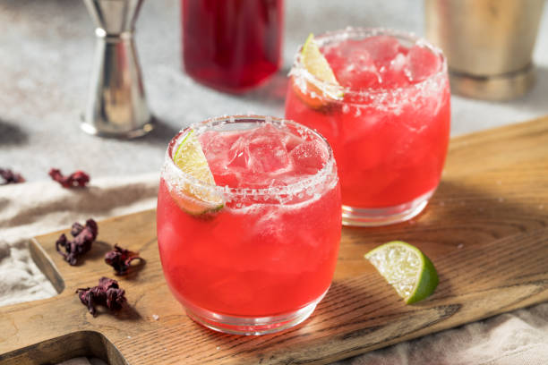 Cold Boozy Hibiscus Mezcal Margarita Cold Boozy Hibiscus Mezcal Margarita with Lime and Salt peyote cactus stock pictures, royalty-free photos & images