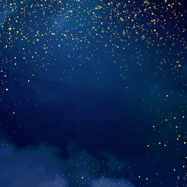 ilustrações, clipart, desenhos animados e ícones de quadro azul escuro da noite mágica com bokeh brilhante e arte leve - comemoração conceito