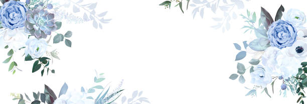 illustrations, cliparts, dessins animés et icônes de rose bleue poussiéreuse, hortensia blanc, ranunculus, magnolia, eucalyptus, verdure, genévrier - silver fern
