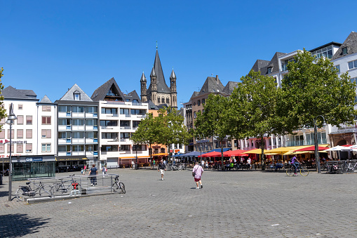 Cologne, Germany - July 15, 2018: The Heumarkt is the second-largest old square and a popular marketplace in Cologne.