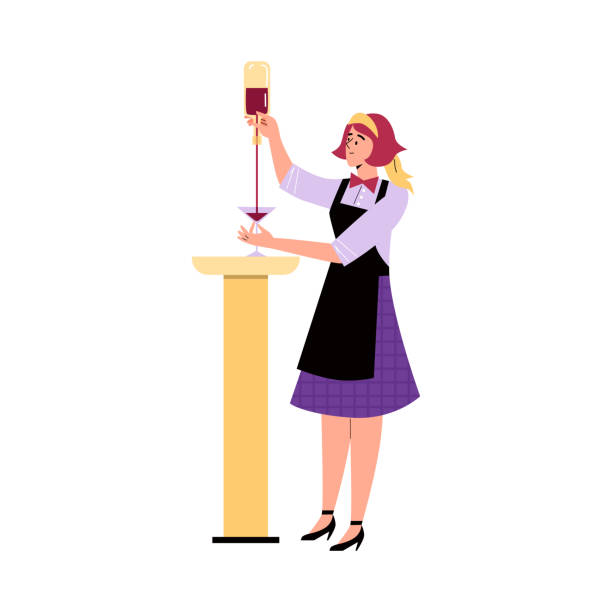 postać barmanki wlewającej napój alkoholowy do szklanego płaskiego stylu - occupation white background young adult bartender stock illustrations