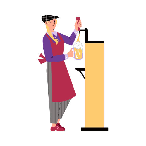 postać barmanki stoi i wlewa piwo do kubka w stylu flat - occupation white background young adult bartender stock illustrations