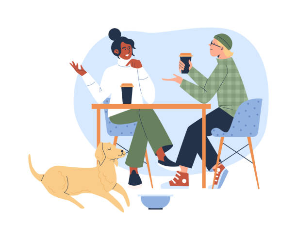 люди вместе с собакой в кафе едят и разговаривают, плоские иллюстрации на белом фоне. - sitting men white background people stock illustrations