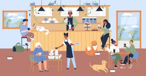 люди едят вместе с домашними животными в кафе, плоские иллюстрации на белом фоне. - sitting men white background people stock illustrations