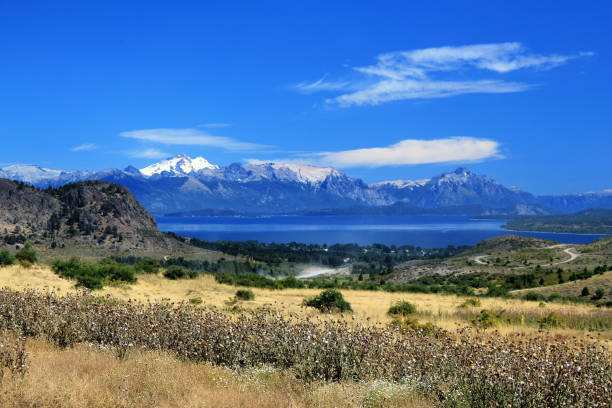 San Carlos de Bariloche City of San Carlos de Bariloche in Argentine Patagonia from Route 23 nahuel huapi national park stock pictures, royalty-free photos & images