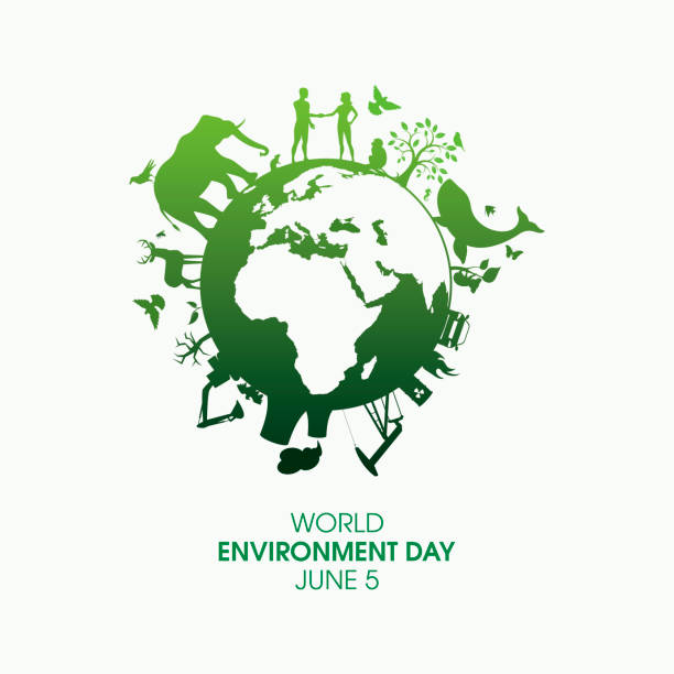 World Environment Day Poster with green global environment silhouette icon vector Planet Earth with fauna and flora icon. Polluted environment symbol. Industry and nature vector. June 5. Important day world environment day stock illustrations