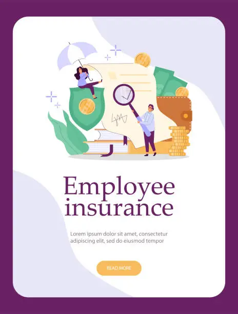 Vector illustration of Employee insurance web banner template, happy office workers using benefits of the company, flat vector illustration.