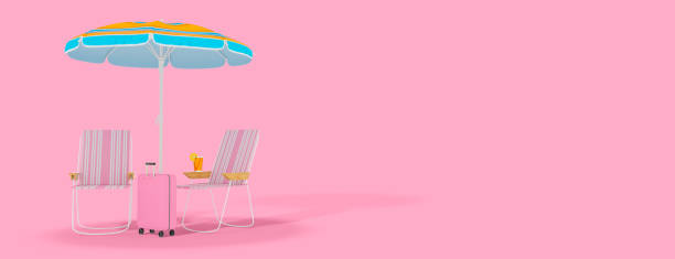 istock Summer vacation concept. Beach umbrella, chairs and cocktail on pink background with copyspace. 3d rendering 1398148980