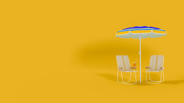 istock Summer vacation concept. Beach umbrella, chairs and cocktail on yellow background with copyspace. 3d rendering 1398149059