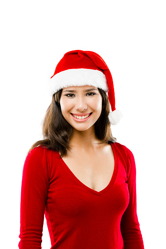 Beautiful asian woman wearing Santa's hat isolated on white