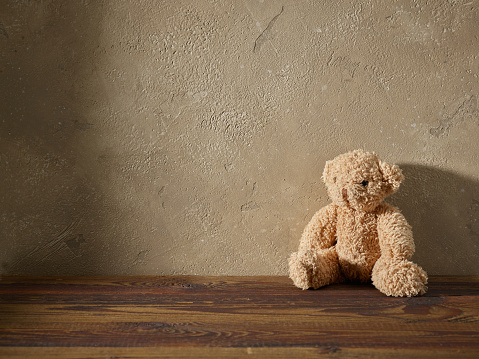 old teddy bear on a brown wooden shelf