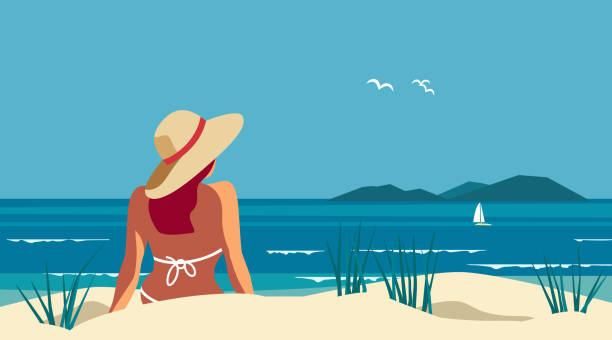 Female relax on sea sand beach travel poster Female relax on sea sand beach travel vector poster. Summer seaside blue ocean scenic view background. Hand drawn pop art retro style. Holiday vacation sea tourist travel leisure trip illustration travel clip art stock illustrations