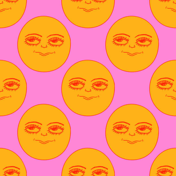 istock Seamless pattern - Psychedelic 70s smile. Psychedelic 1970 good vibes - sunshine face.Trippy acid moon.Funky stickers, groovy face characters.Yellow hippie vector sun.Vintage smile background 1398152655