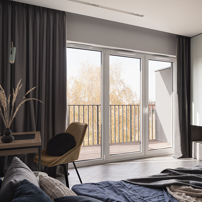 Modern Cozy Bedroom Interior Design. 3D Rendering.