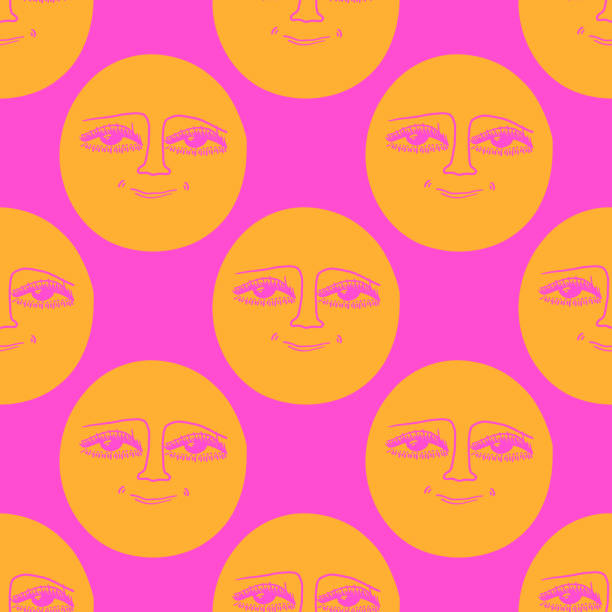 istock Seamless pattern - Psychedelic 70s smile. Psychedelic 1970 good vibes - sunshine face.Trippy acid moon.Funky stickers, groovy face characters.Yellow hippie vector sun.Vintage smile background 1398152763