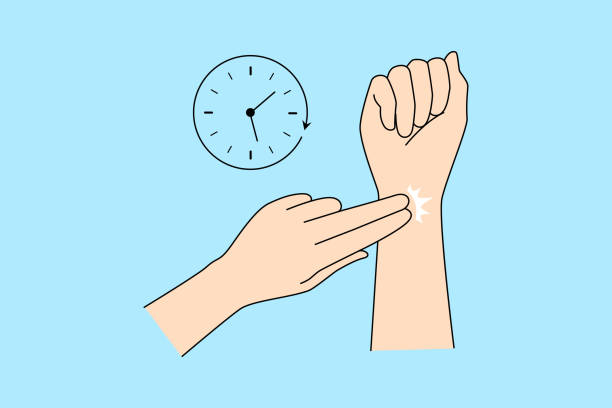 Person check radial pulse on wrist Close up of person check pulse with two fingers technique on wrist. Unhealthy man or woman measure radial pulse on hand. Medicine and healthcare concept. Vector illustration. taking pulse stock illustrations