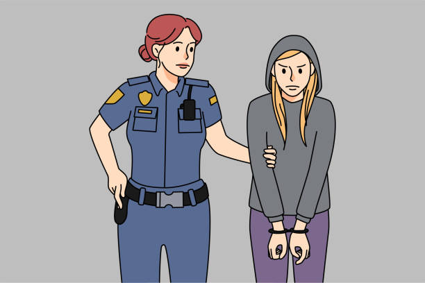 illustrations, cliparts, dessins animés et icônes de un policier arrête une adolescente criminelle - violence police catching stealing