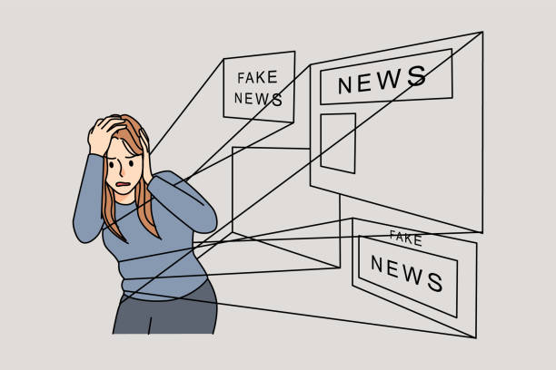 Woman under influence of fake news Unhappy woman attached connected to faked news suffer from media manipulation. Stressed dependent female under influence or impact of TV propaganda. Flat vector illustration. image manipulation stock illustrations