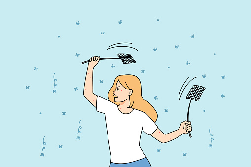 Unhappy young woman with fly swatters in hands kill mosquitos or flies. Stressed angry female with flappers or poppers killing insects or flies. Debugging software and spam. Vector illustration.