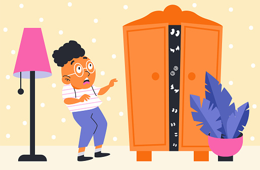 Little boy scared of the monsters in the closet flat style, vector illustration