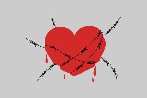 Bloody heart symbol with wire Bloody heart sign with wire around. Love symbol coiled with rod. Concept of broken relationships, divorce and breakup. Love hurts. Flat vector illustration. divorce patterns stock illustrations