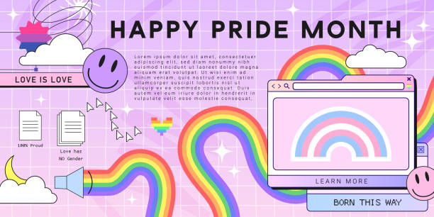 ilustrações, clipart, desenhos animados e ícones de happy pride meses banner como janela de computador navegador retrô, estilo vaporwave dos anos 90 com adesivos hipster rosto sorriso. retrowave pc desktop com arco-íris lgbt. conceito de igualdade humana - gay pride flag flag rainbow pride