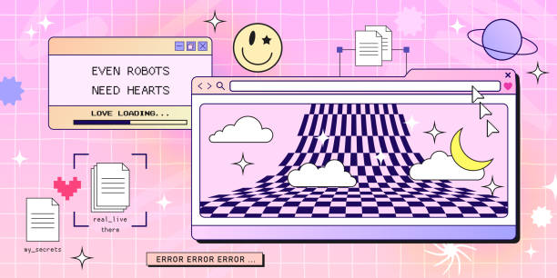 Retro browser computer window in 90s vaporwave style with smile face hipster stickers. Retrowave pc desktop with message boxes and popup user interface elements, Vector illustration of UI and UX Retro browser computer window in 90s vaporwave style with smile face hipster stickers. Retrowave pc desktop with message boxes and popup user interface elements, Vector illustration of UI and UX. the millennium stock illustrations