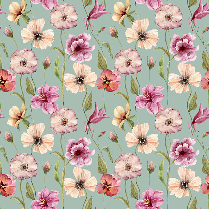 Seamless pattern with watercolor flowers and leaves on a turquoise background, hand painted.
