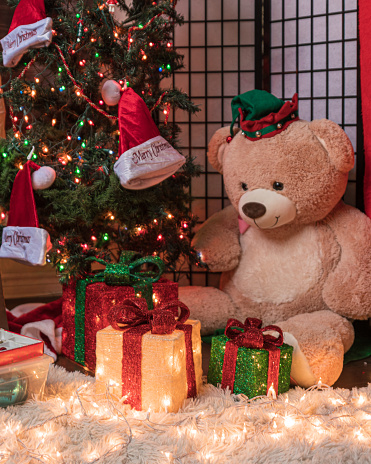Teddy Bear under the Christmas Tree with Presents