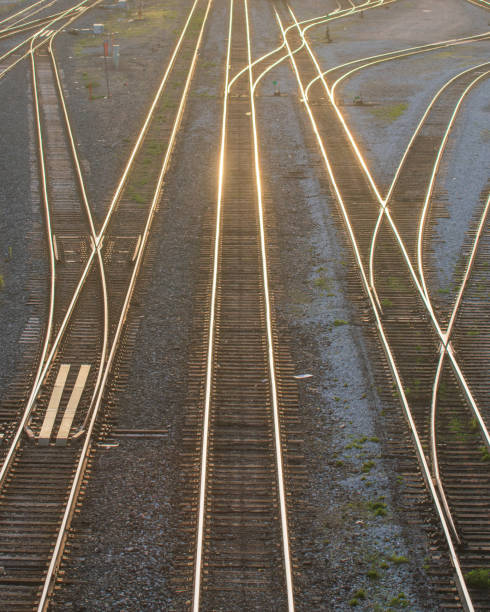 Close up of Train tracks branching off from Main Lines stock photo