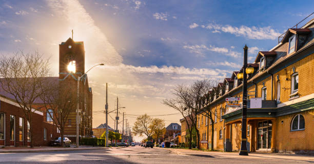 Hamilton, Ontario - James Street and Burlington Street with a Church at Sunset stock photo