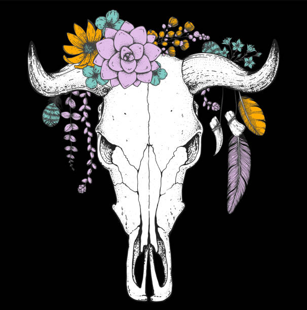 istock Buffalo Skull and flowers sketch. Hand drawn illustration. Wild west print. Vector illustration. Tattoo vintage print. Buffalo Skull and floral bouquet. T-shirt design. 1398159377