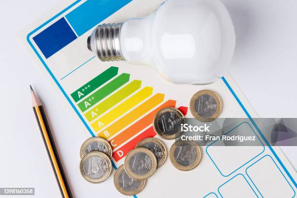 Energy Efficiency Scale With A Light Bulb A Pencil To Make Calculations And Coins Representing The Cost Of Energy Stock Photo - Download Image Now