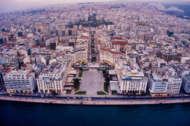 Aerial view of famous Aristotelous Square in Thessaloniki city, Greece. The square is a popular spot for tourists and locals, with many refreshments and cafes