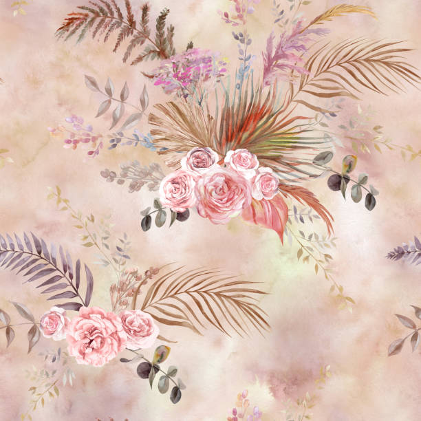 istock Seamless watercolor pattern with herbarium of tropical palm leaves and delicate roses 1398165506