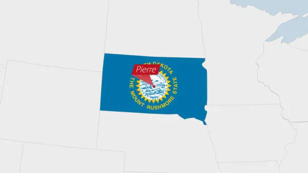 Vector illustration of US State South Dakota map highlighted in South Dakota flag colors and pin of country capital Pierre.