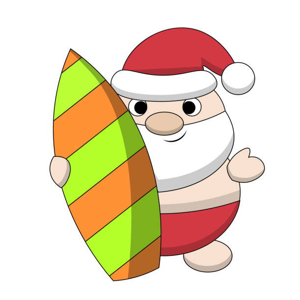 ilustrações, clipart, desenhos animados e ícones de papai noel de verão com prancha de surfe. desenhe ilustração em cores - beach sunlight surfboard santa claus