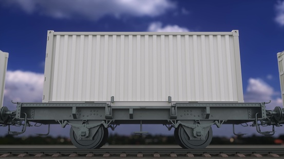 Cargo train with blank white containers. Railway transportation. 3d rendering.