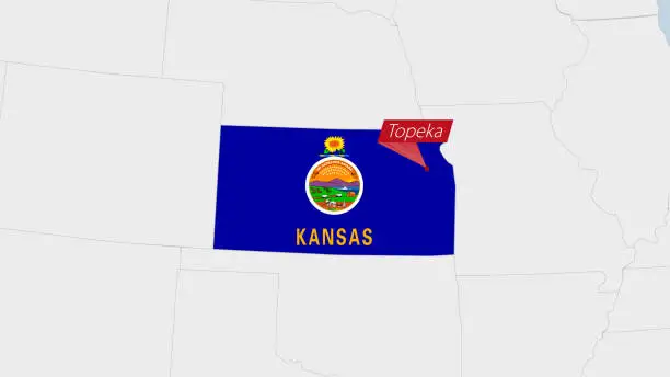 Vector illustration of US State Kansas map highlighted in Kansas flag colors and pin of country capital Topeka.