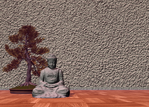 Peaceful stone Buddha in meditating posture next to a bonsai tree in a room - 3D render