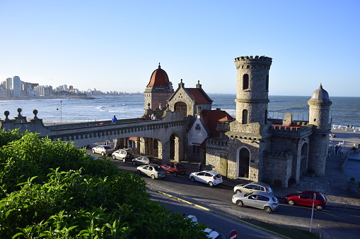 Mar del Plata, Argentina - 19 march 2017: Close view of the Torreon del monje, old small castle looking building located by the sea in Mar del Plata, Argentina.