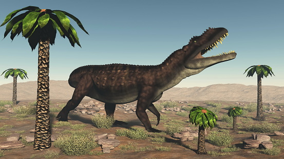 Prestosuchus dinosaur walking in the desert among bjuvia trees - 3D render