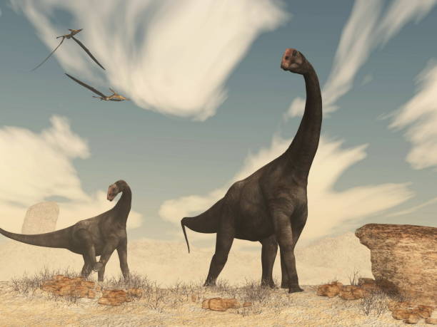 istock Brontomerus dinosaurs in the desert - 3D render 1398173474