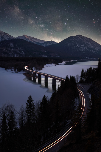 Bridge over Sylvensteinspeicher in the Bavarian Alps, taken in F, post processed using exposure bracketing