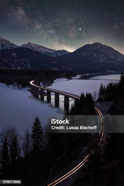 Bridge Over Sylvensteinspeicher In The Bavarian Alps Taken In F Stock Photo - Download Image Now