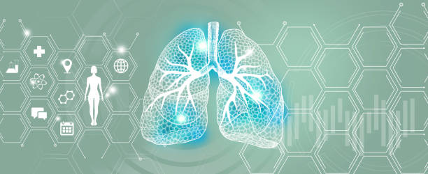 Graphic illustration of Lungs organ visualization. Healthcare concept background with medical icons. Human internal organ Lungs disease research and recovery. Turquoise template palette, copy space for text. pulmonary artery stock illustrations