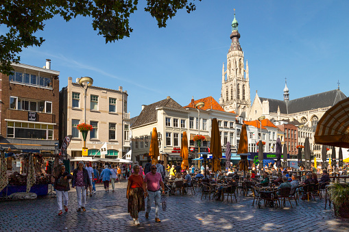 Breda, The Netherlands, September 7, 2021; Grote Markt in Breda with a view of Our Lady Church.