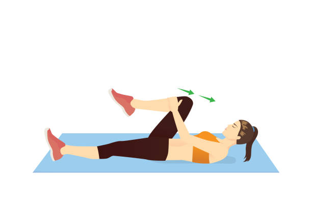 Women doing relaxing muscles exercise with a single knee to chest stretching pose. Illustration about workout diagram in lying pose. Women doing relaxing muscles exercise with a single knee to chest stretching pose. Illustration about workout diagram in lying pose. stretched leg stock illustrations