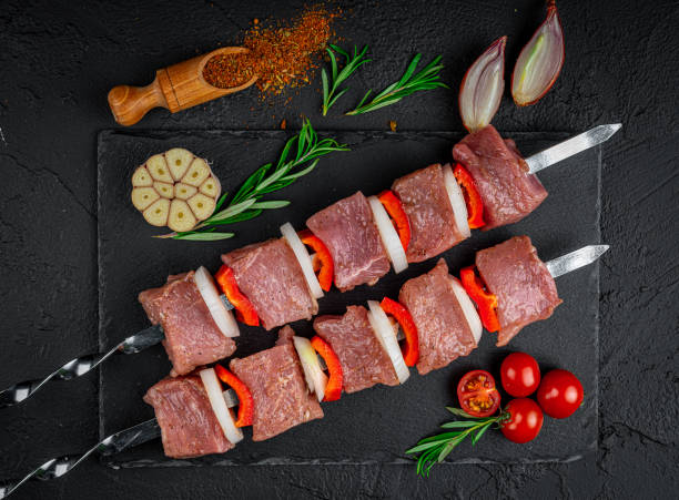 istock Raw kebab with vegetables. Raw shashlyk 1398180763