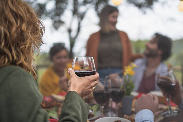 Blonde woman holding a glass of red wine talking with friends at picnic table in the countryside - focus on the hand, defocused unrecognizable people in the background - wine tasting lifestyle concept stock photo